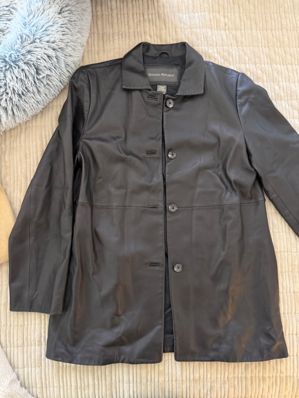 Banana Republic Black Genuine Leather Button-Front Car Coat Jacket, Size M